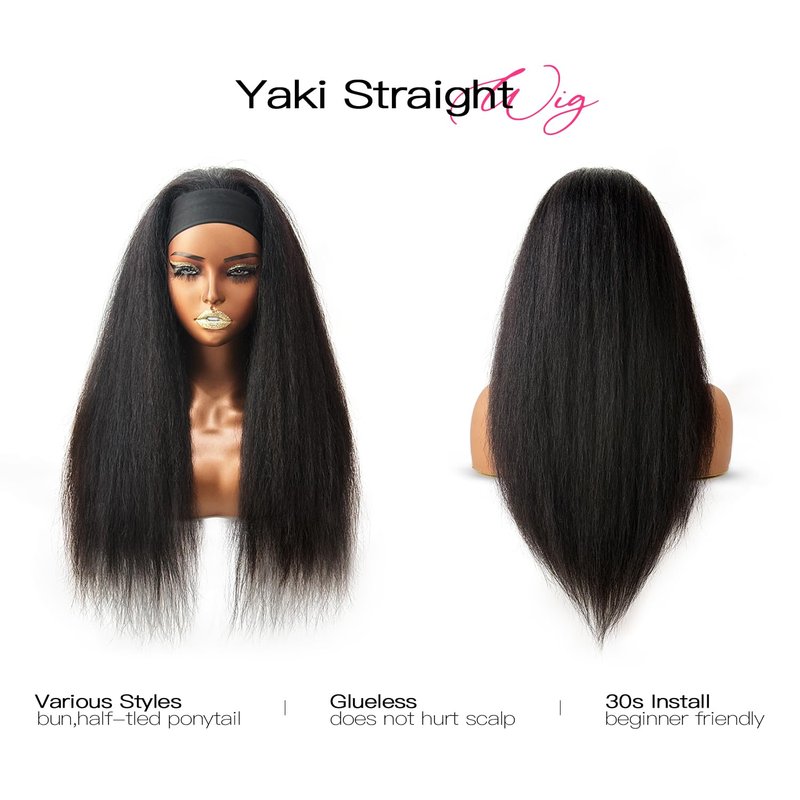 Woman's Romance Headband Wig For Black Women Kinky Straight Headband Wig Human Hair 180% Density Yaki Straight Headband Wigs Wear and Go Glueless Wig Human Hair Machine Made Natural Black (16in)