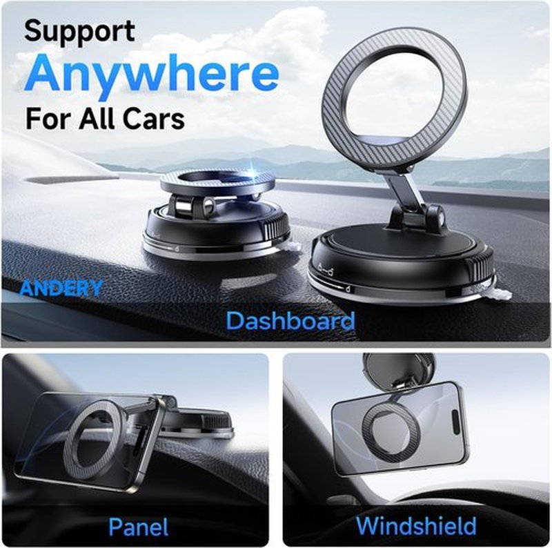 ANDERY Car Phone Holder - MagSafe Compatible | 78+LBS Suction & 2400gf Magnetic Grip | 360° Adjustable for iPhone 17 Pro Max & More