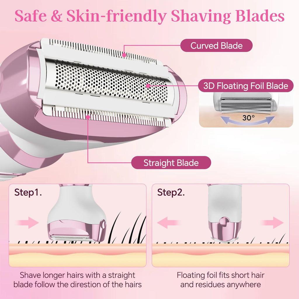 RUIM Women’s Electric Shaver 4-in-1, Painless Hair Remover for Bikini Face & Body, Cordless Wet/Dry Trimmer with Nose & Eyebrow Heads, Fast USB-C Charging, Travel-Ready Grooming Kit