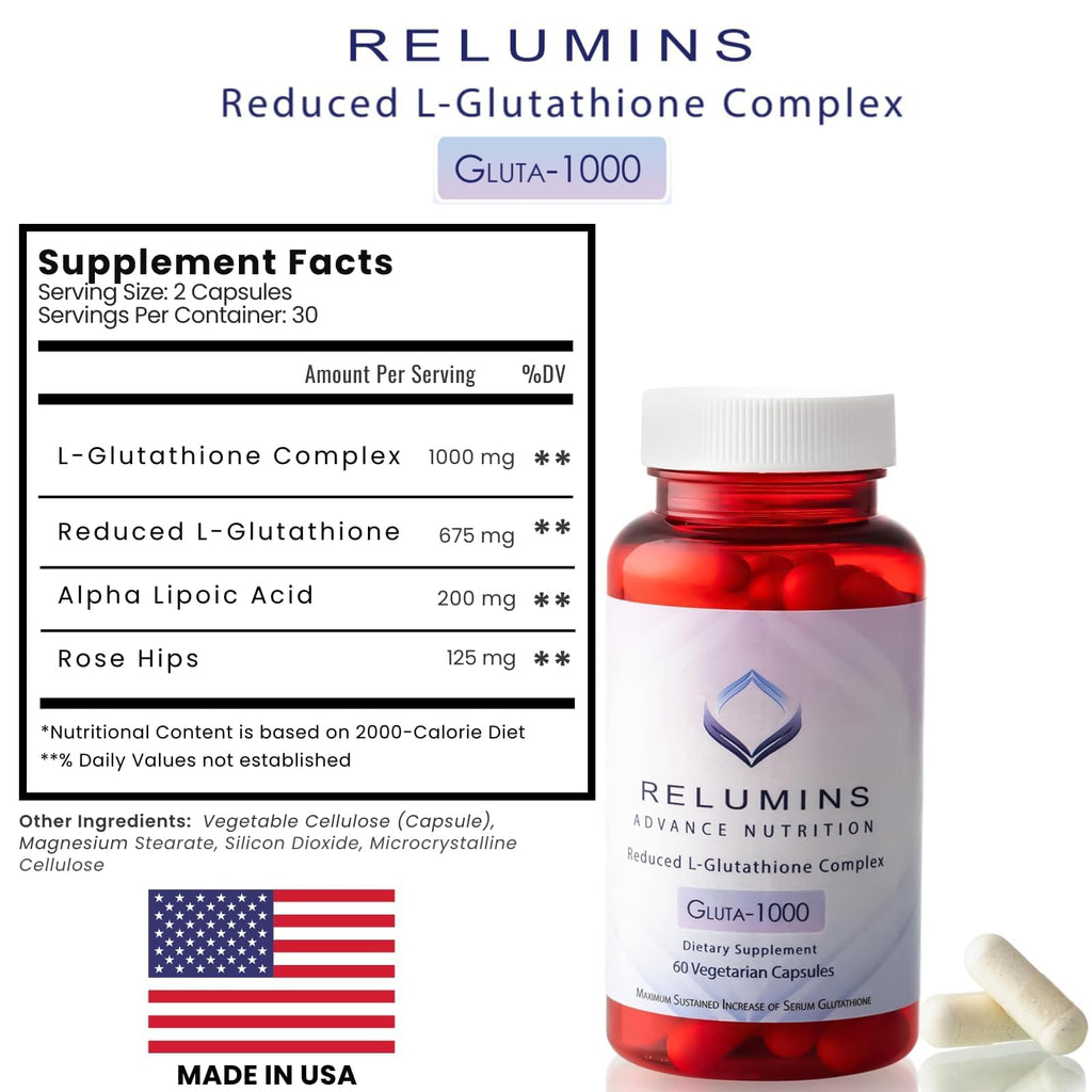 Relumins Advanced Patented Tri-Form Glutathione Complex 1000 mg - Fast-Absorb L-Glutathione, S-Acetyl & Liposomal + Alpha-Lipoic Acid & Rose Hips - Made in USA