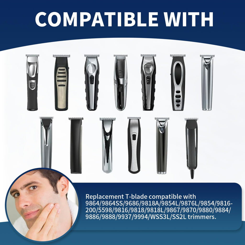 Black Replacement T-Blade with 3 Guards Compatible with Wahl 9864/9864SS/9686/9818A/9854L/9876L/9854/WSS3L/SS2L etc Trimmers.