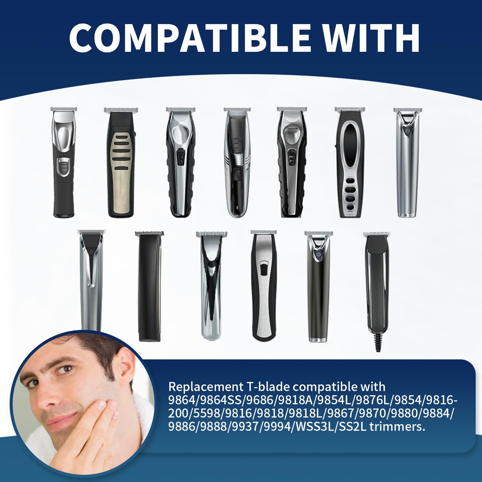 Black Replacement T-Blade with 3 Guards Compatible with Wahl 9864/9864SS/9686/9818A/9854L/9876L/9854/WSS3L/SS2L etc Trimmers.
