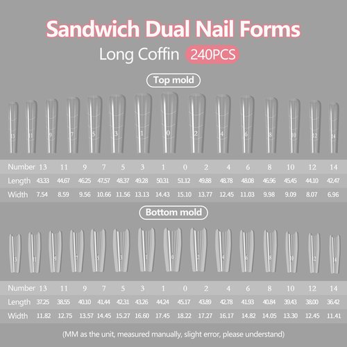 Sandwich Dual Nails Forms, Long Coffin 240Pcs Double-Layer Nail Mold Set, 15 Sizes Top and Bottom Molds Plastic Forms for Builder Gel Nail Extensions, Salon Nail Art Tools At Home