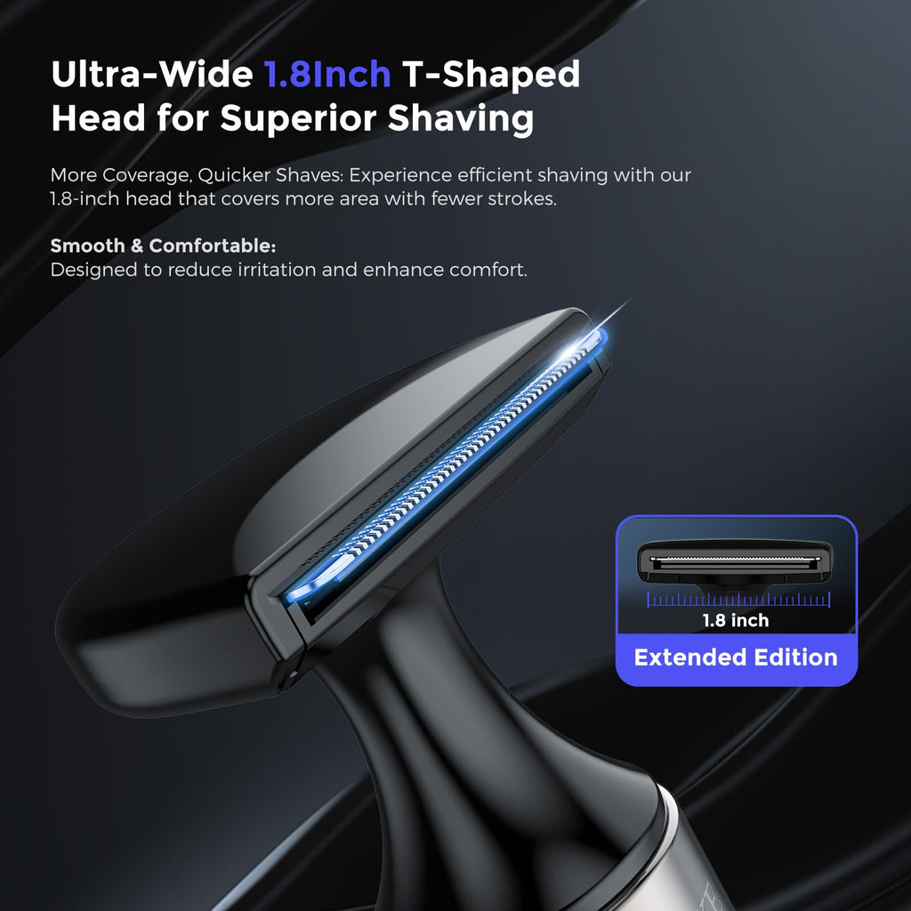 FOKE Back Shaver for Men, Ultra-Wide 1.8" T-Shaped Head, Travel Case, LED 4 in 1 Mens Back Shaver Rechargeable with Long Handle, Safety Lock, IPX7, Multi-Functional Back Trimmer for Men, (Deep Blue)