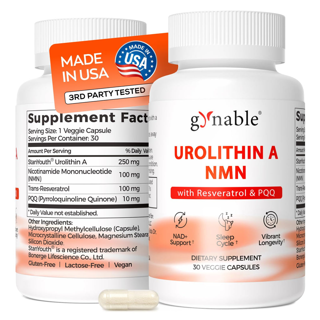 Gynable Patented Urolithin A Supplement with NMN | Trans-Resveratrol & PQQ| 4-IN-1 Complex Cellular Energy & Muscle Strength,Longevity Supplement for Sleep and Healthy Aging - Made & Tested in USA