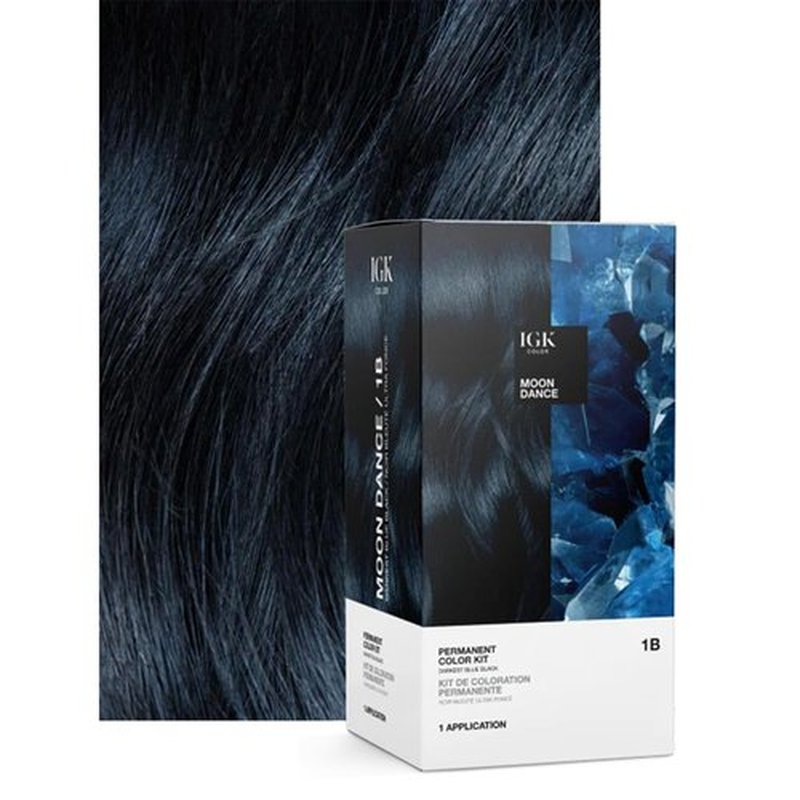 IGK Permanent Hair Dye Color Kit - 1B Moon Dance Darkest Blue Black | 100% Gray Coverage, Strength & Shine