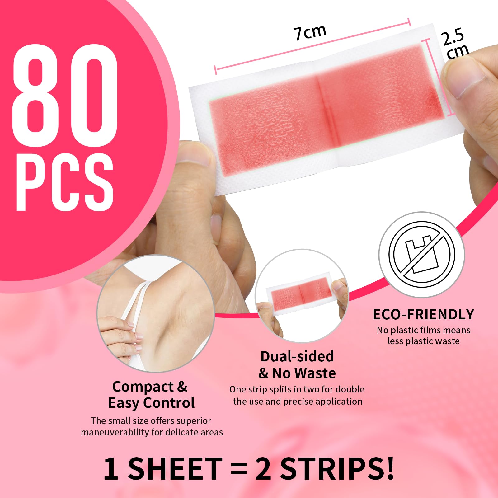 80PCS Wax Strips for Hair Removal,Waxing Kit for Women,Eyebrow Wax Strips & Facial Hair Removal,Sensitive Skin Hair Removal Friendly,Multi-Use on Face,Legs,Bikini Area,Long-Lasting Smoothness (Pink)
