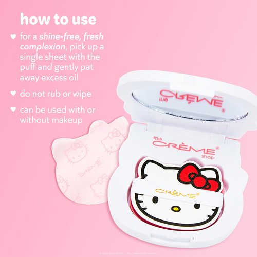 The Crème Shop x Hello Kitty Mattifying Green Tea Blotting Paper with Mirror and Puff, Absorb Excess Oil, Makeup-Friendly (100 Sheets)