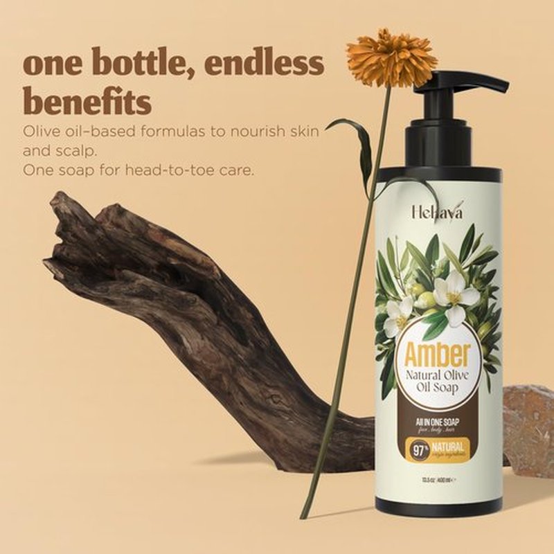 Hekaya Natural Olive Oil Liquid Soap – Amber Scent | Handmade, Vegan, Sulfate & Paraben Free | Face, Body & Hand Wash | Moisturizing Castile Soap | 13.5 fl oz Pump Bottle