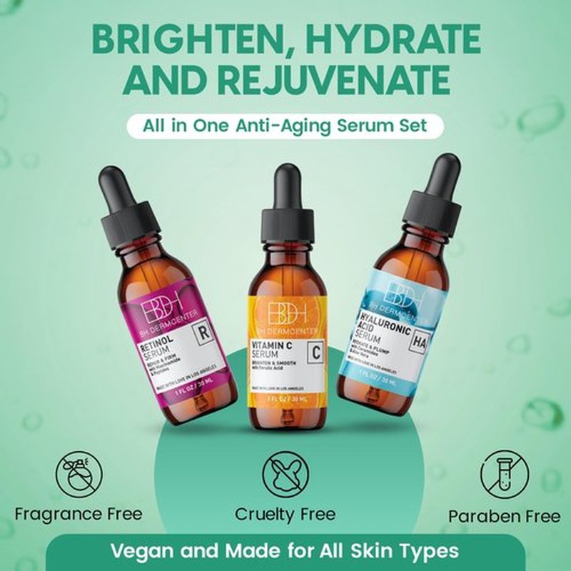 BH Dermcenter Age Defense Trio Anti-Aging Serum Set for Face and Eyes - Vitamin C, Retinol, Hyaluronic Acid Face Serum for Men and Women - 30ml Each - Paraben Free, Cruelty Free