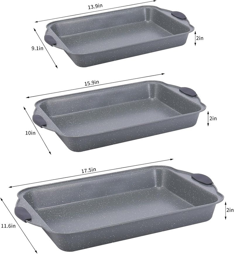 Anveena Nonstick Kitchen Oven Baking Pans - Premium Commercial Grade Bakeware with Red Silicone Handles | Easy to Clean Gray - 3-Piece Set