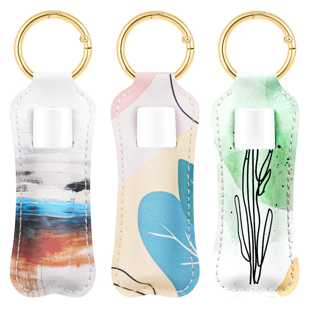 WK IEASON Lip Balm Holder Keychain Clip On PU Leather Lipstick Sleeve Pouch Lip Gloss Holder Lip Balm Sleeve Holder Keychain 3PCS（Floral Set A）