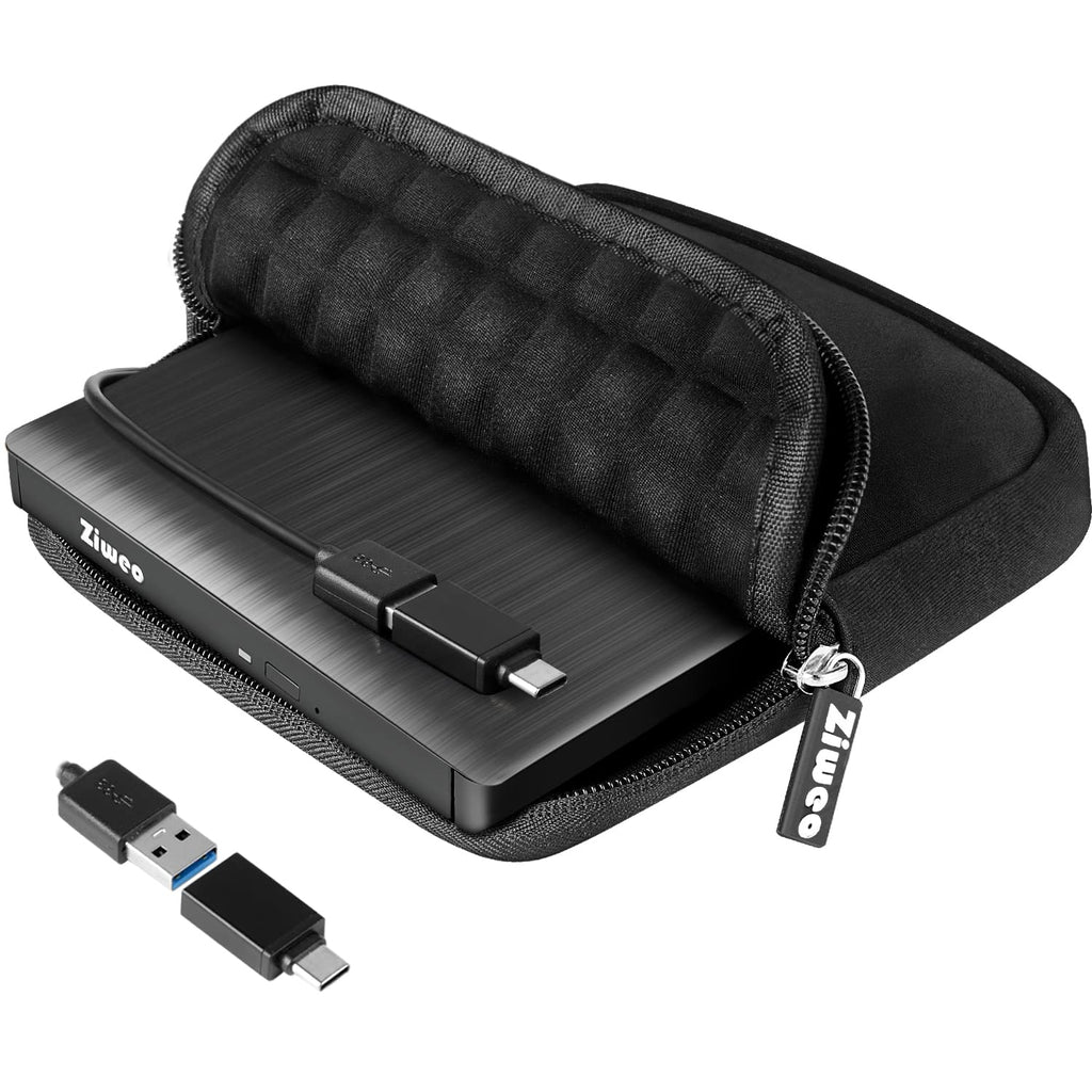 External USB 3.0 Type-C CD DVD +/-RW Drive - Portable CD ROM Reader & DVD Burner with Protective Carrying Case for Laptop/Desktop PC/Mac/Windows/Linux