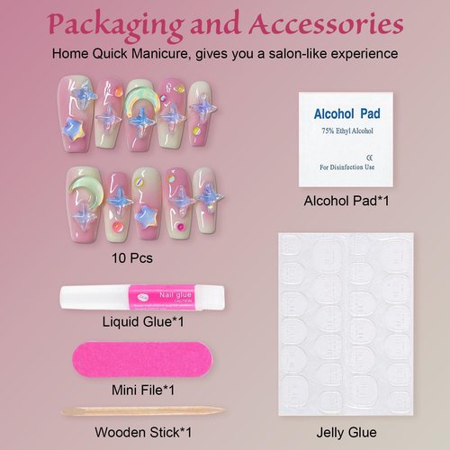 10pcs Handmade Nails, Luxury Handmade Press on Nails,3D Design Hand-painted Nail Art,Reusable Gel Glue on Fake Nails Kit (CL-9003-M)