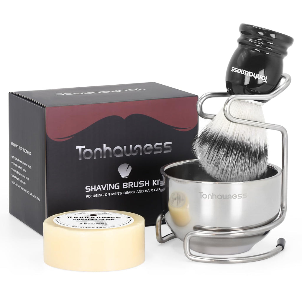 Tonhawness Shaving Brush Kit for Men, 4 in 1 Shaving Brushes Set Includes Nylon Bristle Shave Brush, Shaving Bowl & Stand and Shaving Soap Kit for Men’s Shave Gift