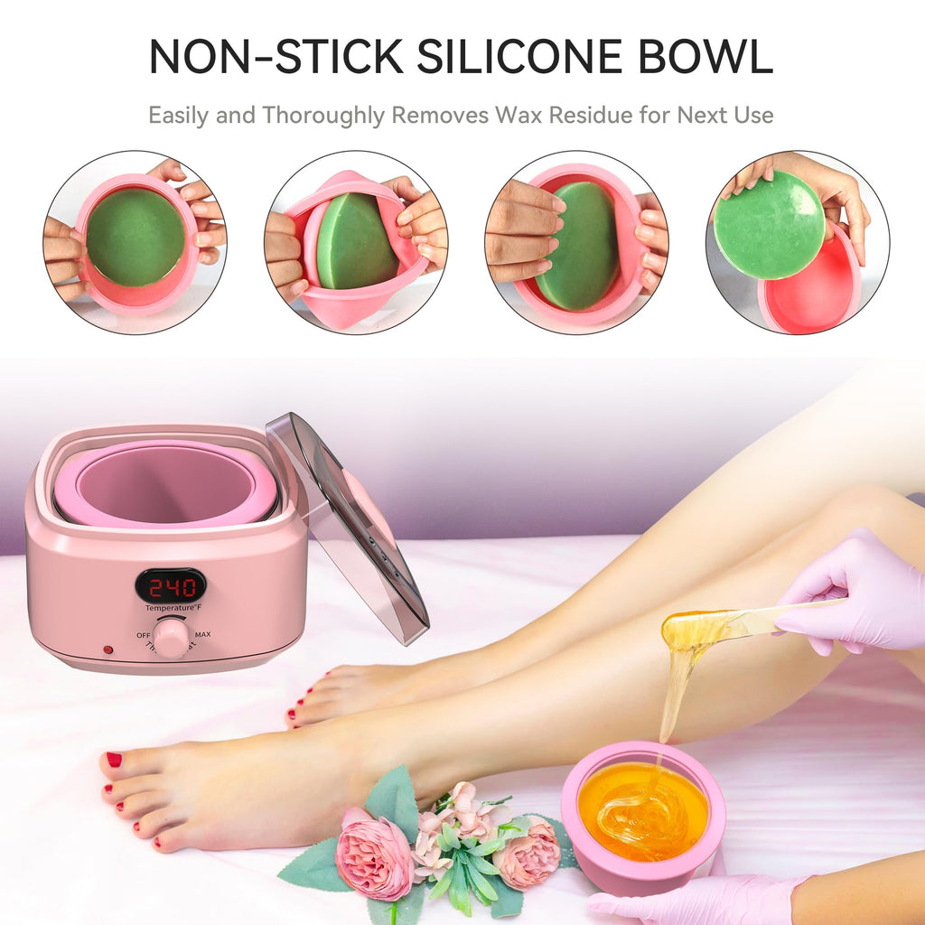 Waxing Kit for Women Men, Digital Wax Kit with Silicone Bowl & 4 Bags Hard Wax Beads, Portable Wax Warmer for Sensitive Skin Full Body Hair Removal, Brazilian Bikini, Eyebrow, Face (White)