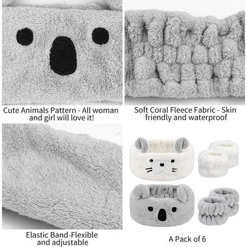 AHONEY Face Wash Headband and Wristband Set, Cute Makeup Spa Skincare Headbands Wrist Bands for Washing Face Headband for Women Girls Elastic Animal Hair Band (White&Grey)