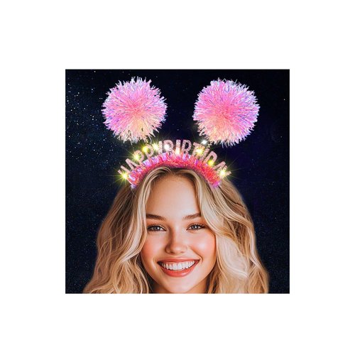 Aceorna Light Up Pink Headbands LED Happy Birthday Crown Hairbands Glowing Pom Pom Hair Accessories for Women