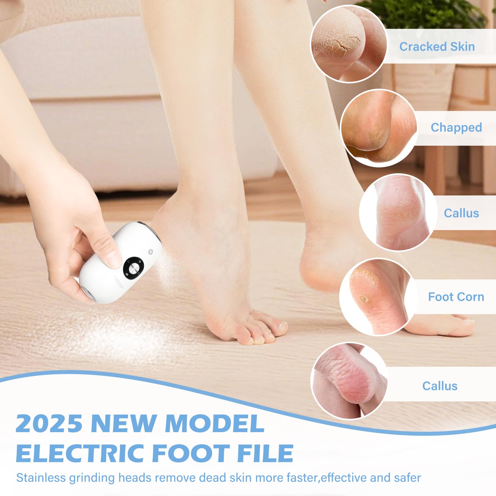 Electric Foot Callus Remover Grinder - Rechargeable Pedicure Tools Callus Remover for Feet Foot Scrubber File Foot Care with 3 Speeds 2 Stainless Grinding Heads for Hard Cracked Dry Dead Skin