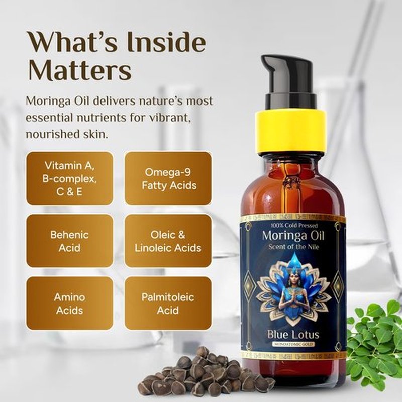 Pure Organic Moringa Oil with Blue Lotus Flower – Deep Hydrating & Anti-Aging Ritual Oil for Skin, Hair & Nails – Premium 100% Cold Pressed Moringa Seed Extraction, Nourishes & Hydrates Skin 2oz.