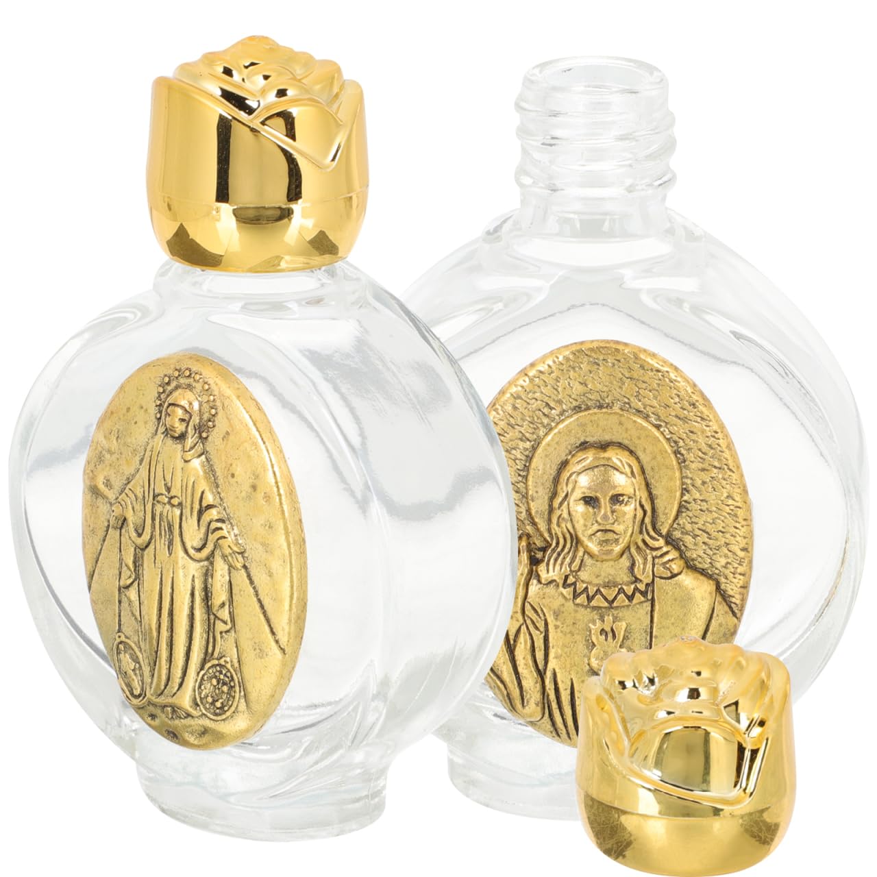 Didiseaon 2 Pcs Holy Water Bottle Catholic – Leak Proof Glass Water Container with Vintage Jesus Relief – Portable Travel Size Essentials for Baptism First Communion Easter (Gold)