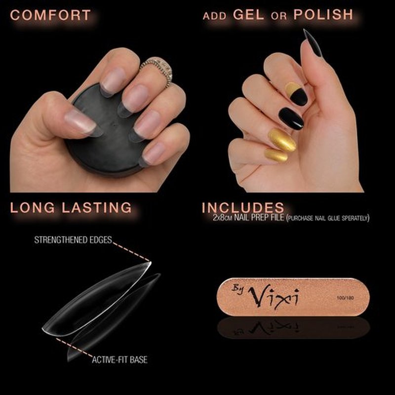 By Vixi 600 MEDIUM OVAL NAIL SET with PREP FILE, 10 Sizes – Clear Express Full Cover False Fingernail Extensions for Salon Professionals & Home Use