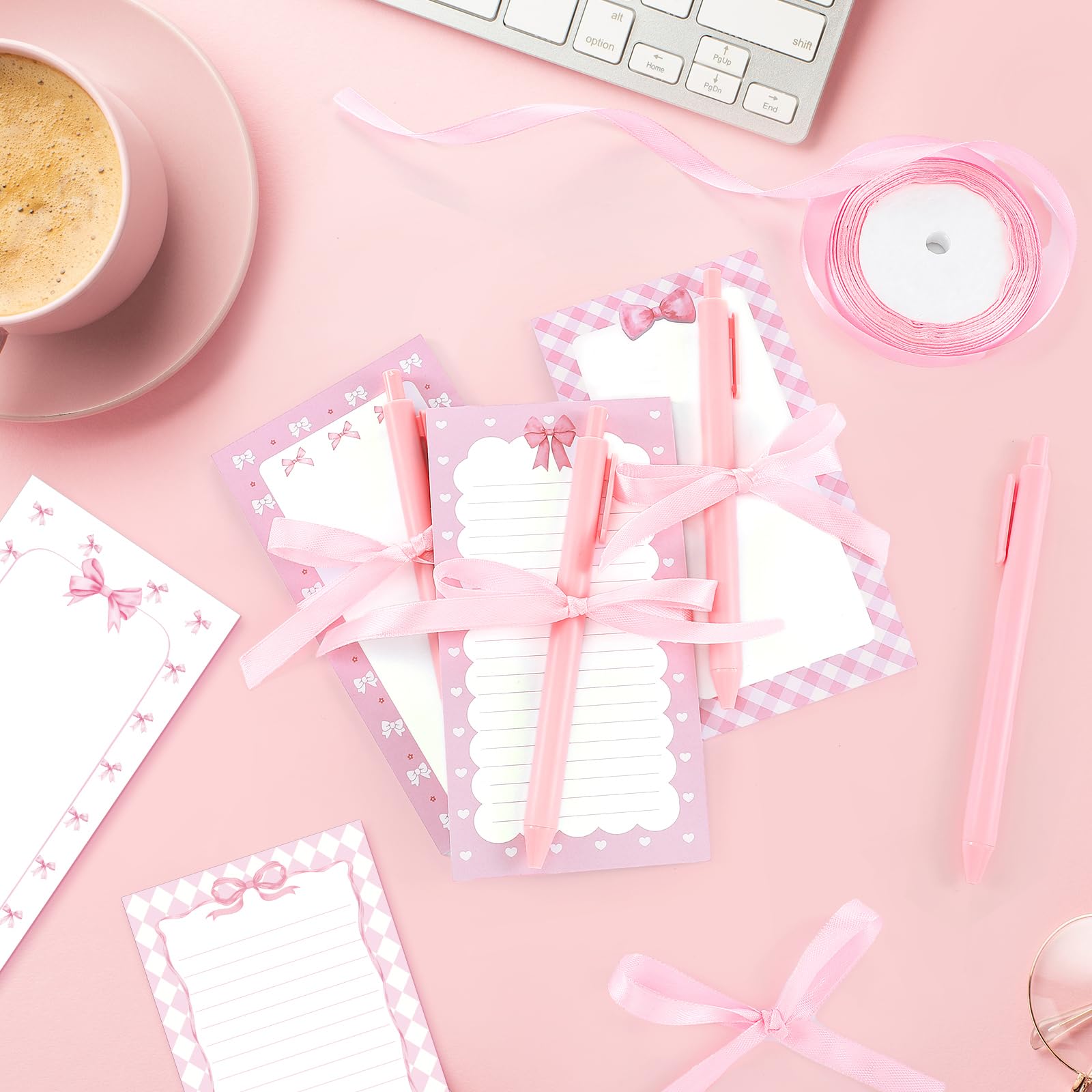 Thenshop 48 Pcs Pink Bow Sticky Notes and Pens Set Pink Notes Preppy Aesthetic Self Stick Notepads Ballpoint Pens for Coquette Supplies Bow Party Favors
