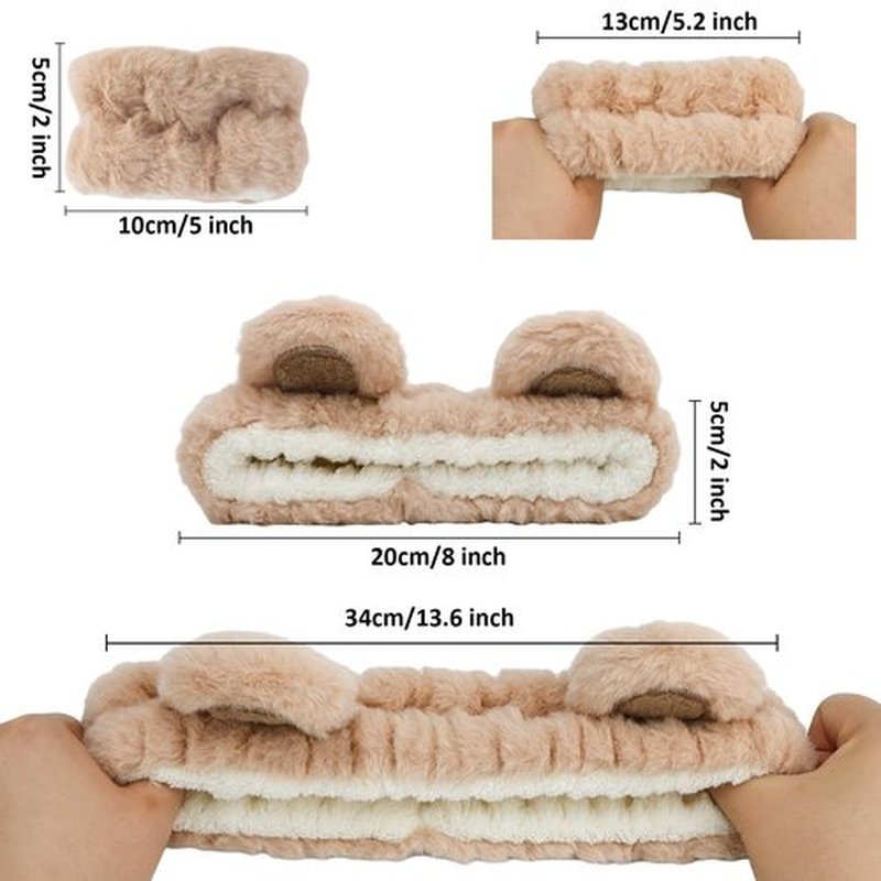 Canitor Face Wash Headband with Wrist Towels - Soft Coral Fleece Spa Makeup Headband, Cute Animal Elastic Skincare Design with Bear Ears