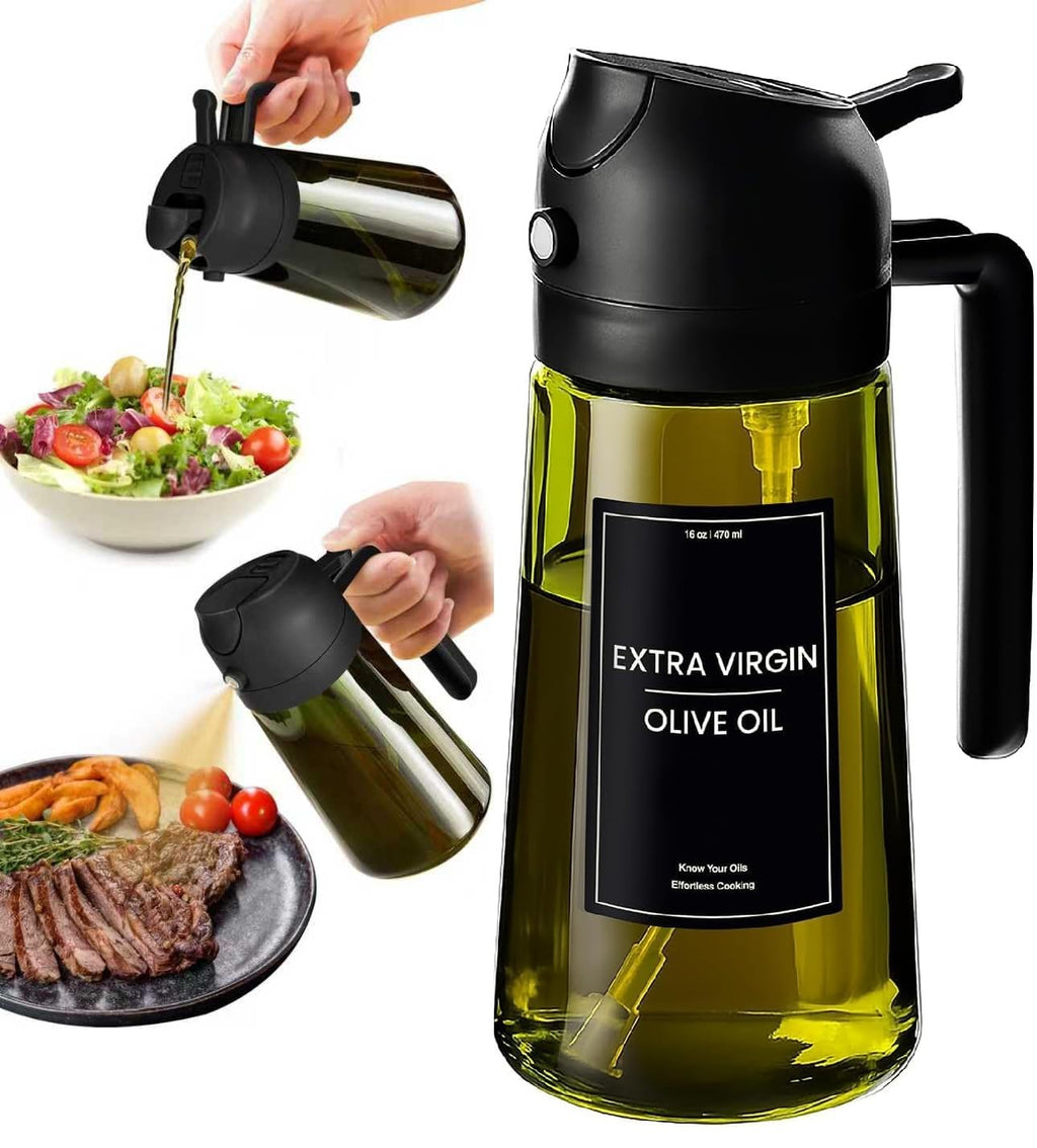 XBllcyiv 16oz/470ml Glass Olive Oil Sprayer for Cooking - 2 in 1 Olive Oil Dispenser for Kitchen Gadgets, Air Fryer, Salad, and BBQ (black)