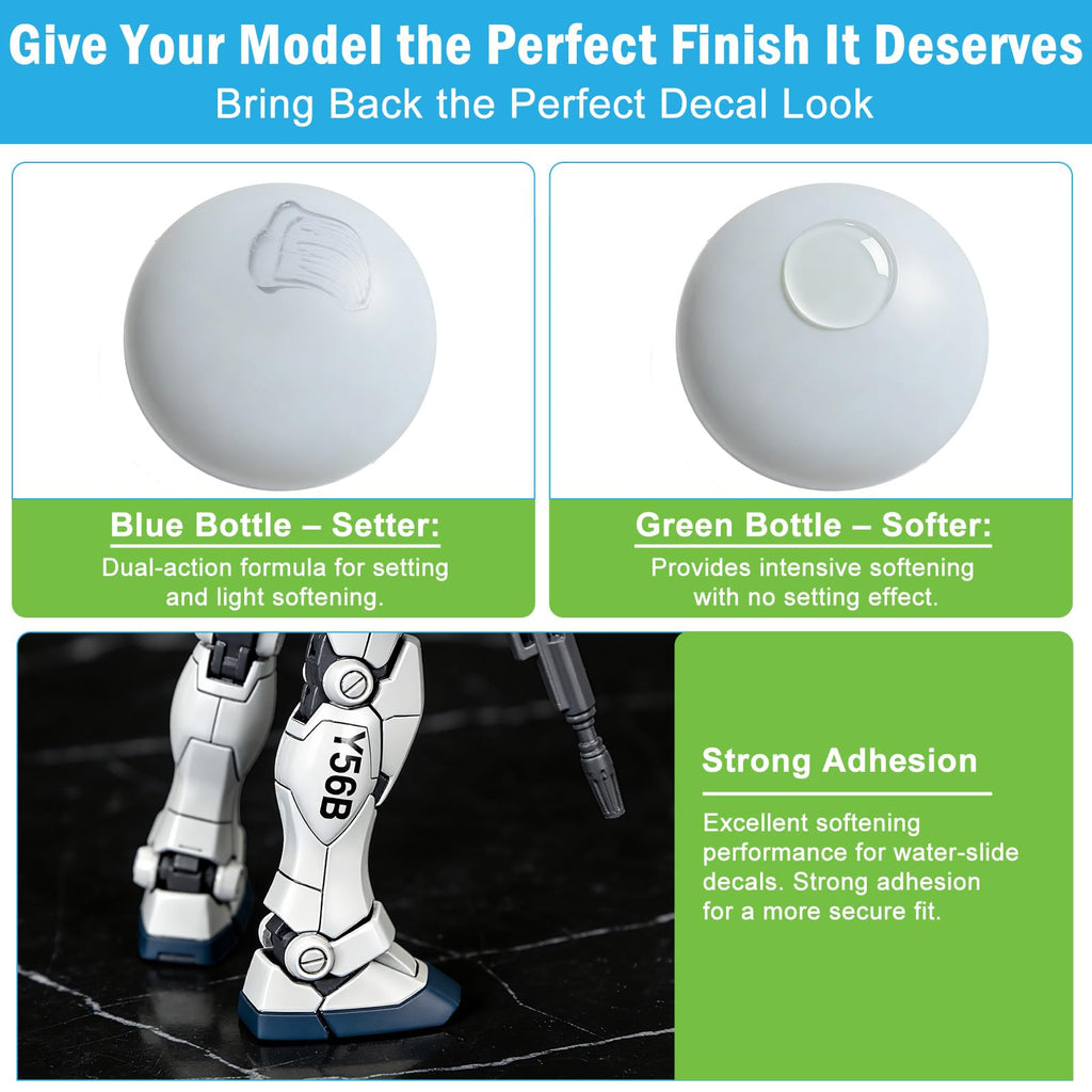 Mr. Mark Setter & Softer Bundle for Gundam Models, Decal Adhesive & Softening Solution Set, Strong Adhesion & Curve Conform Fit, 2 Bottles - 40ml + 40ml