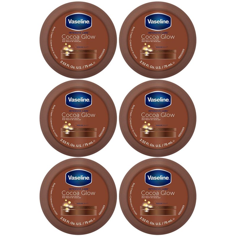 Vaseline Cocoa Glow Body Cream 6-Pack – Pure Cocoa Butter 48H Moisturizing Cream for Dry Skin, Travel-Size, 2.53 Fl Oz Ea