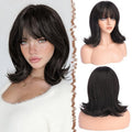 FESHFEN Shoulder Length Bob Wigs with Bangs for Women - Dark Brown Natural Layered Wavy Synthetic Wig For Daily Party Costume Use 14 Inch