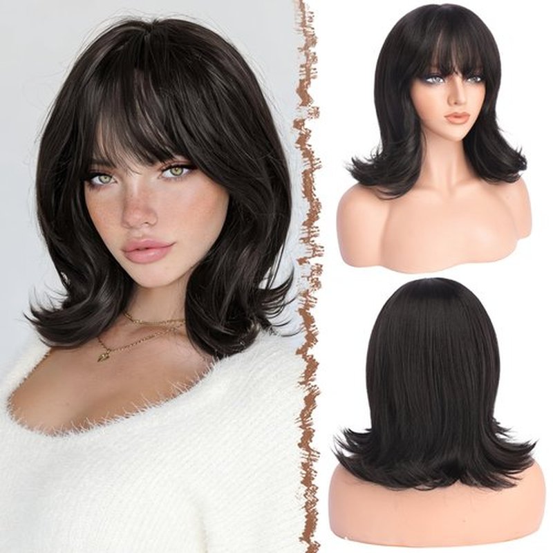 FESHFEN Shoulder Length Bob Wigs with Bangs for Women - Dark Brown Natural Layered Wavy Synthetic Wig For Daily Party Costume Use 14 Inch