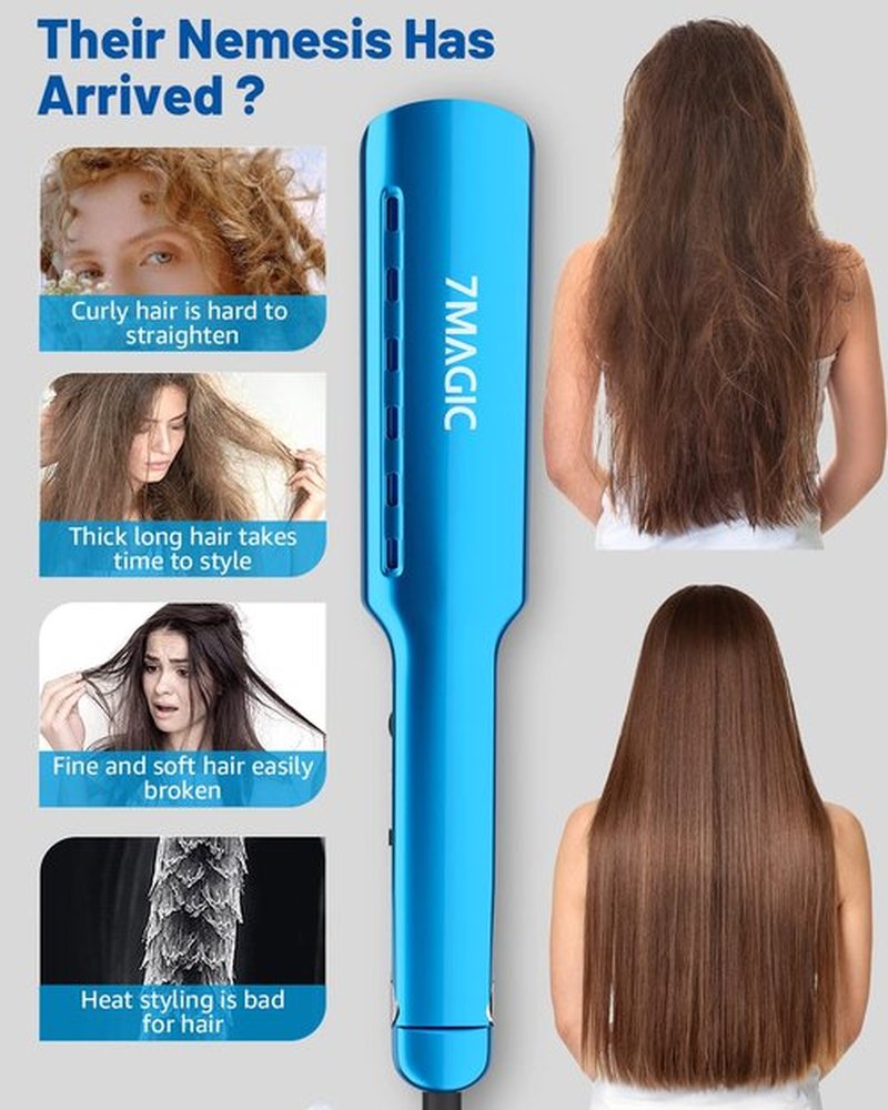 7MAGIC Nano Titanium Flat Iron - Fast Heating Hair Straightener for Thick Hair, Blue | Damp to Dry Styling