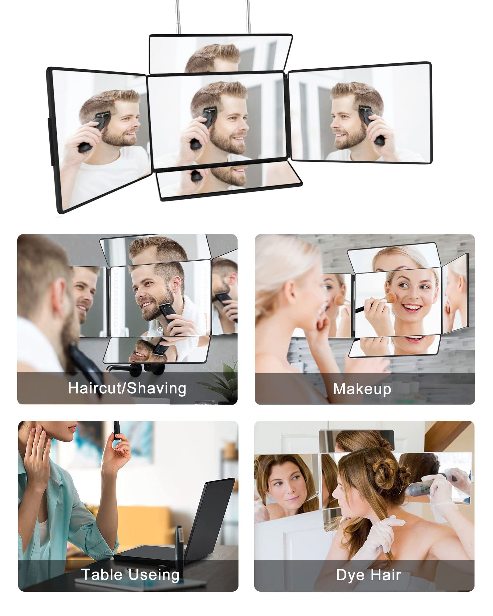 5 Way Mirror for Self Hair Cutting & Shaving, 360 Makeup Mirror with Height Adjustment for Braiding & Styling (Black)