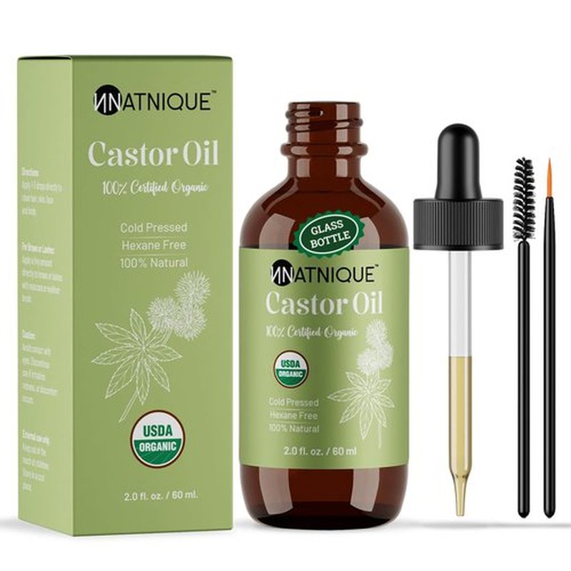 Natnique Castor Oil – USDA Certified Organic, 100% Pure Cold Pressed Unrefined Oil for Hair Growth, Eyelashes, Eyebrows & Scalp – Natural Skin Moisturizer, Lash Serum & Hair Treatment (2 Oz)