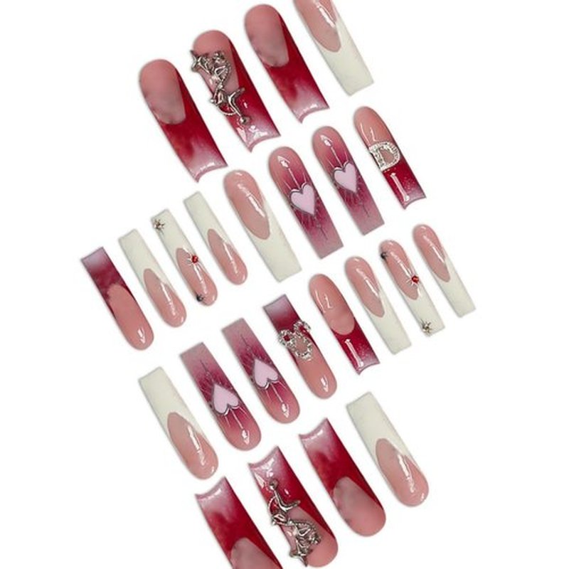 Long Press on Nails Square Fake Nails Pink Gradient Artificial Nail Heart and Silver Charm Designs Extra Long Stick on Nail for Women 24pcs