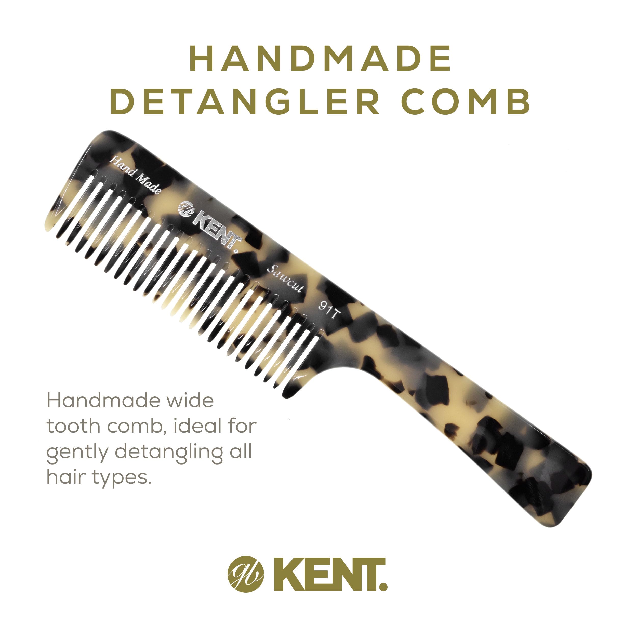 Kent 91T TW Detangler Comb for Women, Wide Tooth Hair Comb for Curly and Wavy Hair - for use in Dry or Wet Hair, Large Handle Shower Comb for Effective Detangling, Handmade Sawcut and Polished