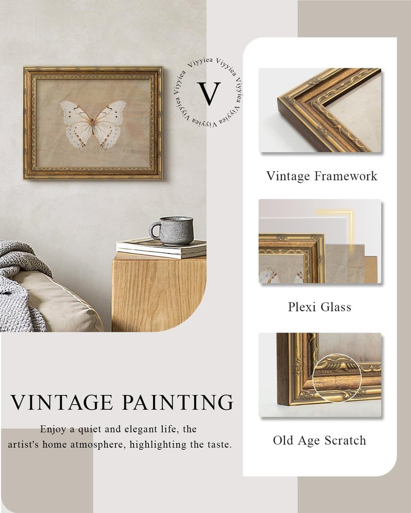 VIYYIEA Glass Gold Framed Wall Art - Vintage White Butterfly Canvas Decor for Home & Office | 13x16 Inch