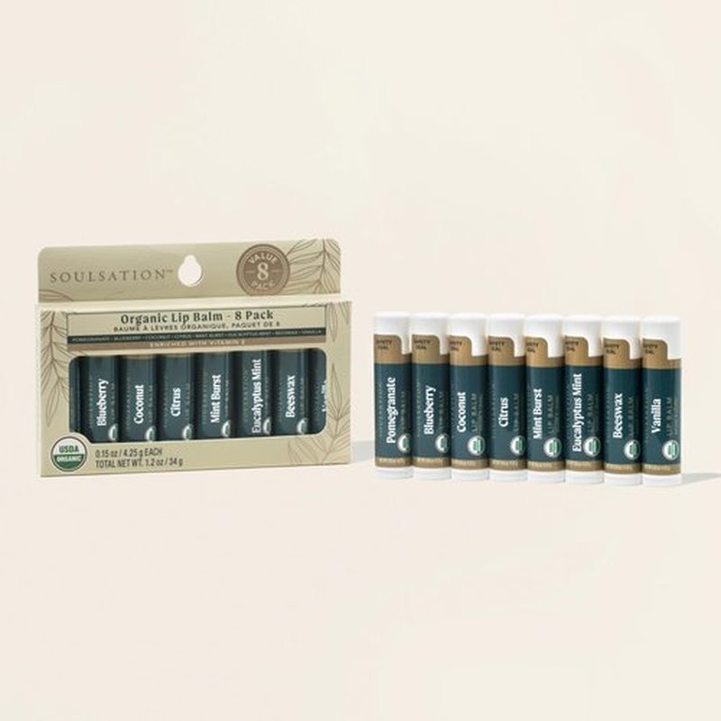 Soulsation Organic Lip Balm Set, 8 Flavors - Hydrating for Cracked & Dry Lips, For Men & Women, Enriched with Vitamin E