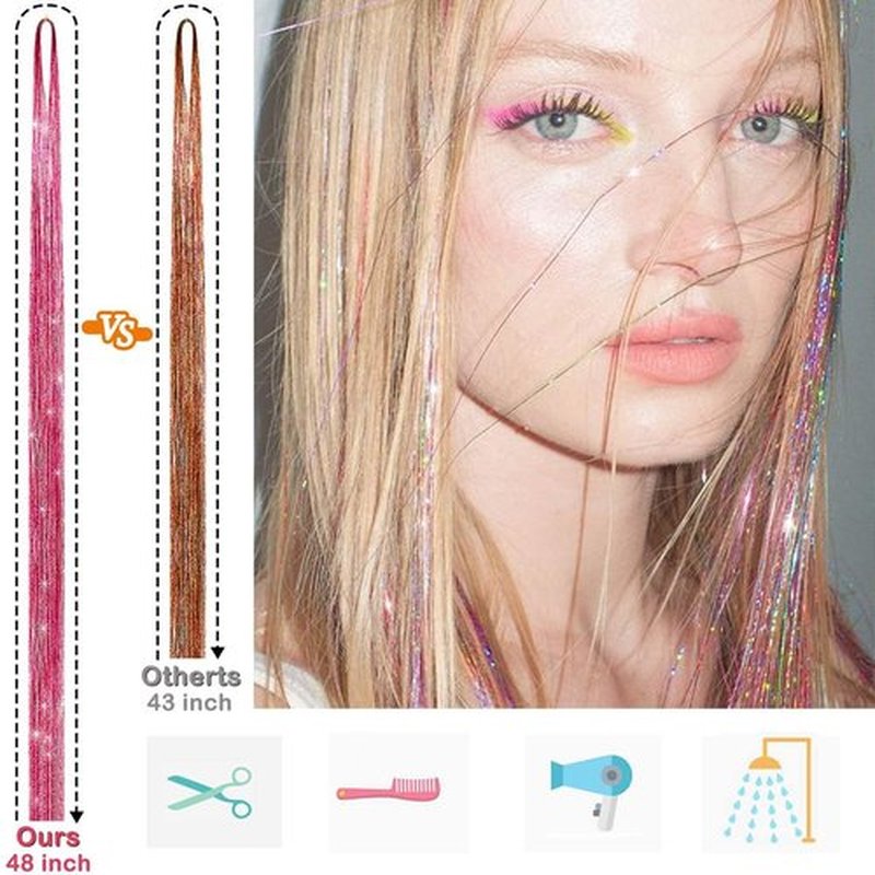Hair Tinsel Kit, 18 Colors 48 Inches, Fairy Hair Tinsel Hair Extensions Heat Resistant with Tools, Hair Accessories for Women Girls 7200 Strands (Hair Tinsel Kit, 18 Colors)