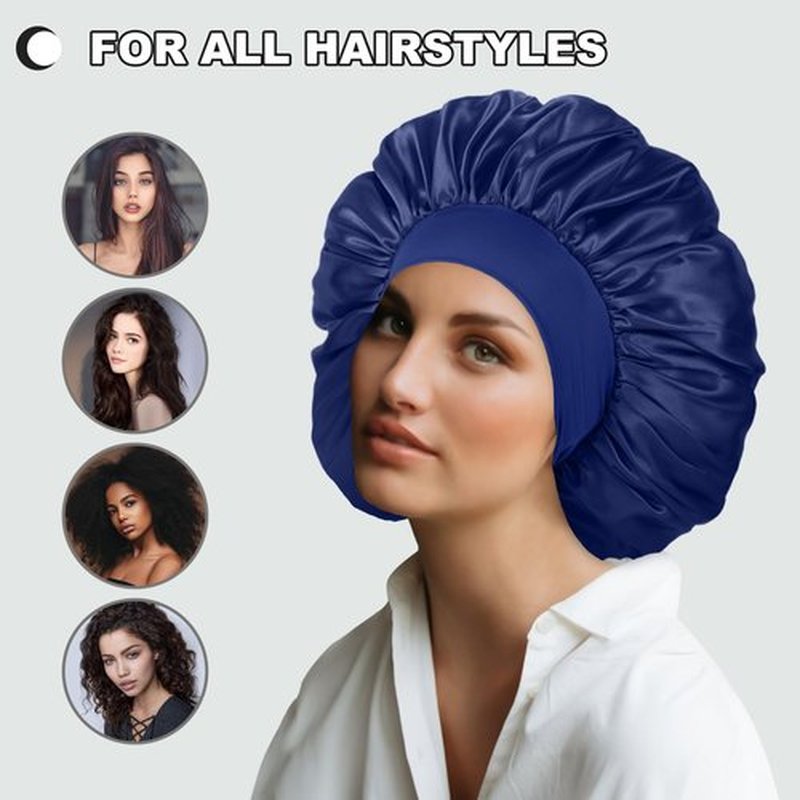 2 Pcs Extra Large Satin Hair Bonnet for Sleeping Cap 17 inches Jumbo Silk Sleep Bonnet for Women (Black & Blue)