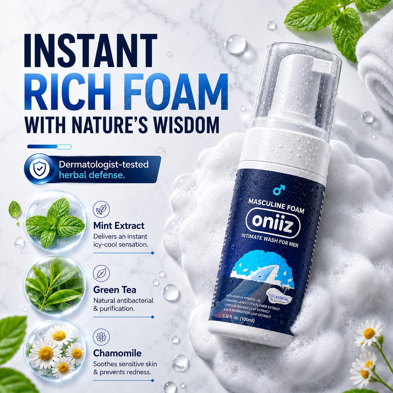 ONIIZ Masculine Foam Men’s Intimate Wash for Odor Control, pH Balanced Cleanser for Sensitive Skin with Green Tea, Aloe & Chamomile - Classical (Fresh Cooling Feel), 3.38 fl oz