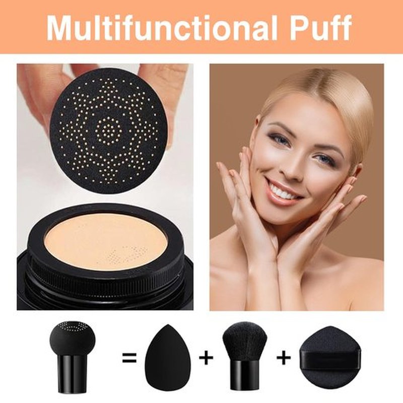 2Pcs Mushroom Head Air Cushion CC Cream, Long Lasting Oil Control BB Cream for All Skin Types, Moisturizing Foundation Face Makeup Set with Foundation Brush （#Natural）