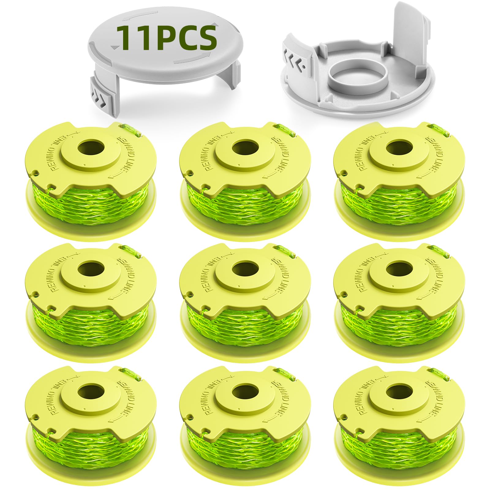 YWTESCH Trimmer String for Ryobi One Plus+ AC80RL3,11 FT/0.080-Inch，Spool Replacement Compatible with Ryobi 18v, 24v, and 40v Cordless Trimmers (9 Pack Trimmer Line & 2 Pack Trimmer Cap)