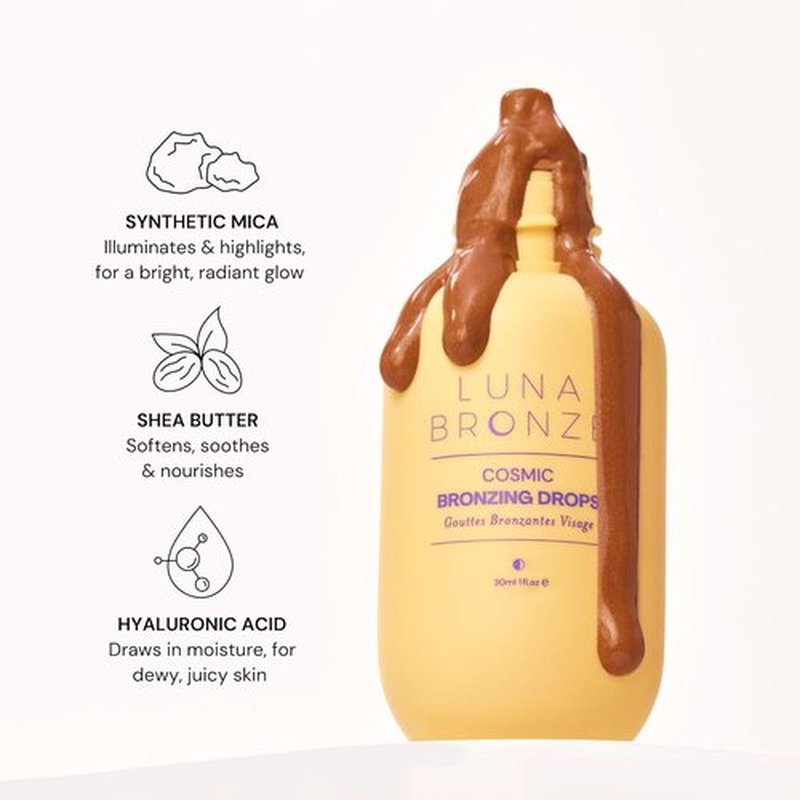 Luna Bronze Cosmic Bronzing Drops - Lightweight, Hydrating Liquid Bronze | Non-Greasy Formula with Sodium Hyaluronate & Shea Butter | 30ml/1.01 fl. oz