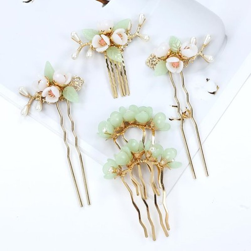 inSowni 5 Pieces Vintage Retro Traditional Asian Chinese Hanfu Pearl Green Jade Flower Hair Side Combs Slides Metal Hair Pins Sticks Chopsticks Bun Updo Holders Hair Accessories for Women Girls