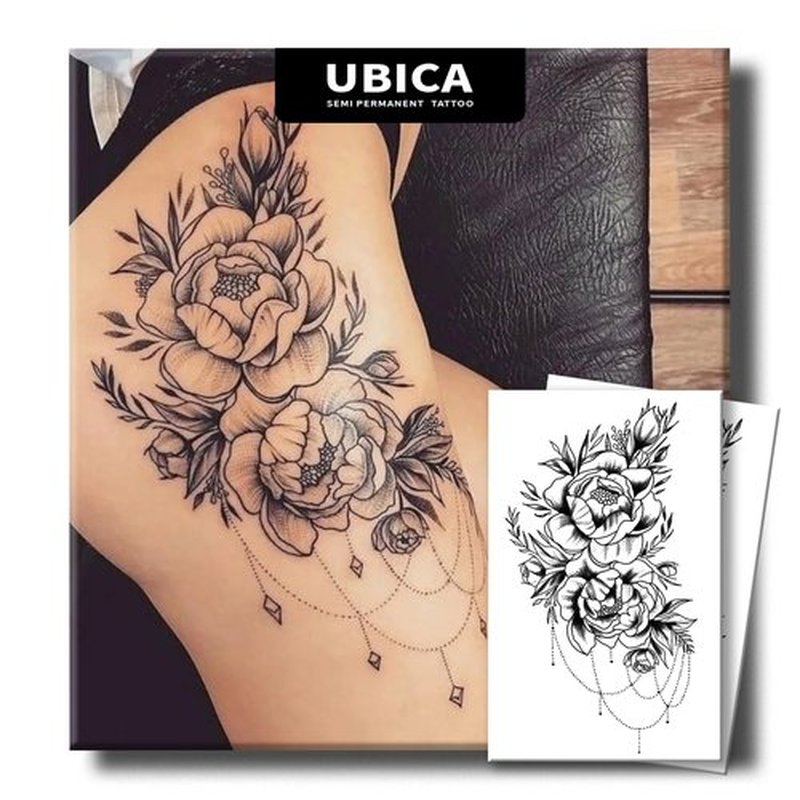Tattoo Tech, 2 Sheets Large Semi Permanent Tattoo, Lasts 7-15 Days Sexy Temporary Tattoos(Flower), Waterproof and Non-Reflective, for Summer Beach, for Women Hip Buttocks Thigh, Unique Design