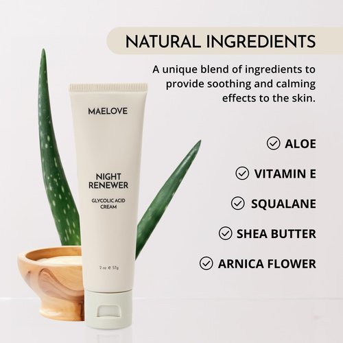 MAELOVE Night Renewer Night Cream with 2-in-1 Glycolic Acid Treatment, Unscented, For Sensitive Skin