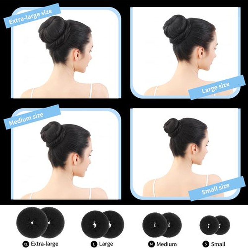 FANDAMEI Hair Bun Maker Set- 8 PCS Hair Donuts for Buns (2 Extra-large,2 Large,2 Medium and 2 Small), 40 PCS Bobby Pins, 5 PCS Hair Elastic Ties Black,Bun Maker - Black